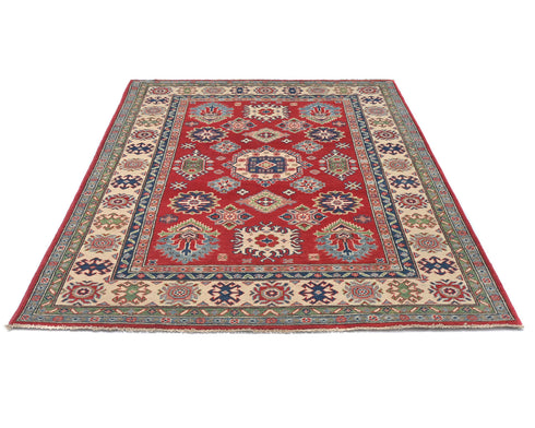 5x7 Red Kuba Afghan Hand Knotted Wool Area Rug